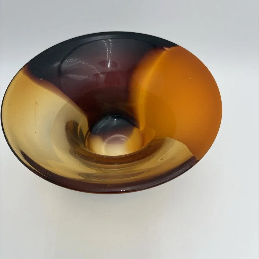 Vintage 1970s Teleflora Tri-color‎ Orange Amber Purple Handblown Glass Bowl Vase